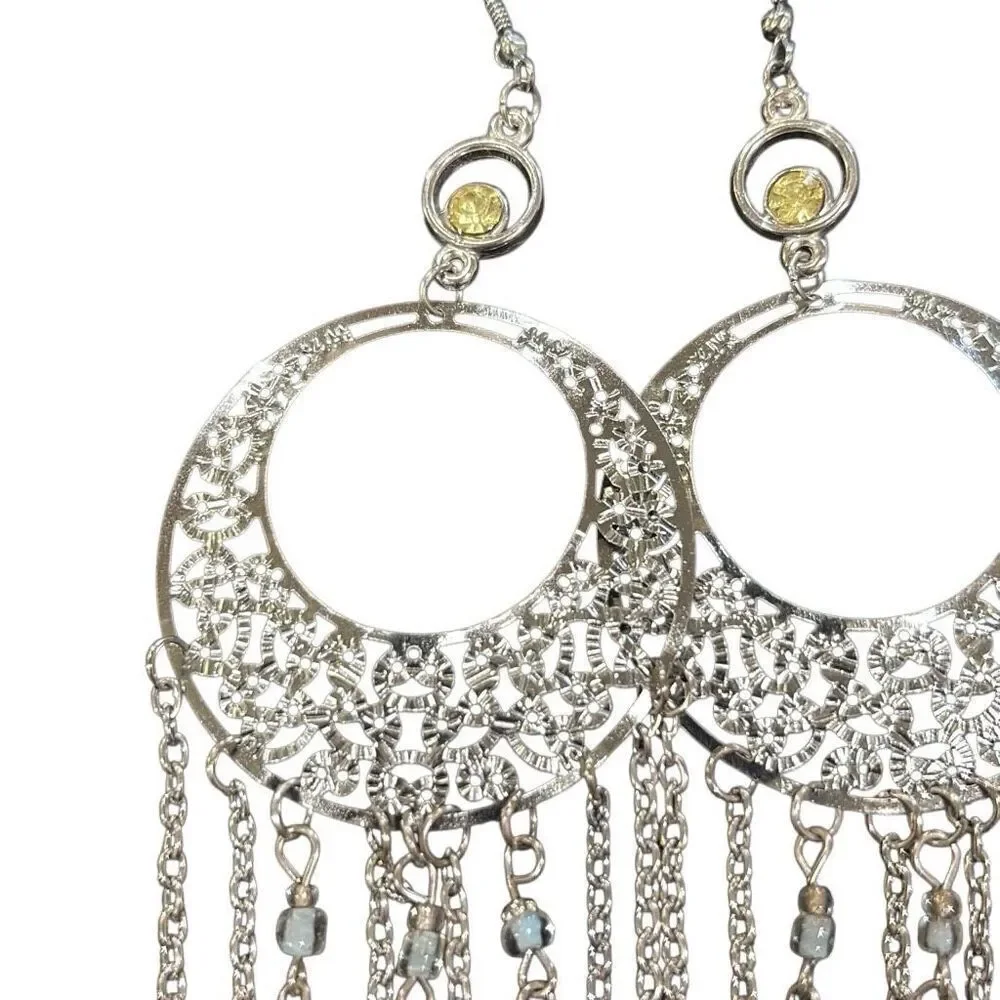 Silver Tone Half Moon Filigree‎ Blue Beaded Long Earrings Chain Fringe Boho NWT